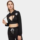 Romwe Cut-out Heart Patched Crop Drawstring Hoodie
