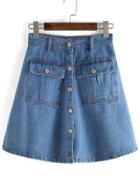 Romwe Pockets Single Breasted Denim A-line Pale Blue Skirt