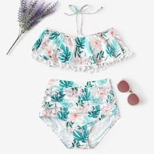 Romwe Random Tropical Pom-pom Trim Top With Ruched Bikini