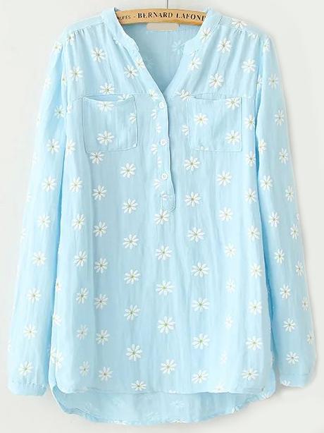 Romwe V Neck Dip Hem Daisy Print Blue Blouse