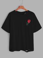 Romwe Black Rose Embroidered Ripped T-shirt