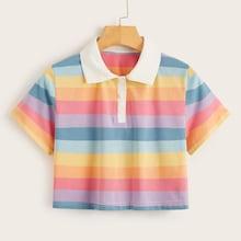 Romwe Rainbow Stripe Crop Polo Tee