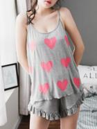 Romwe Heart Print Marled Cami Top & Frill Shorts Pj Set