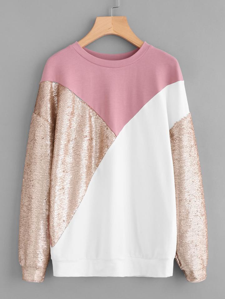 Romwe Cut And Sew Sequin Sweatshirt