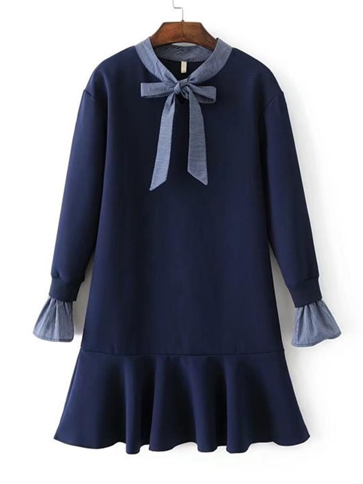 Romwe Bow Tie Neck Drop Waist Dress