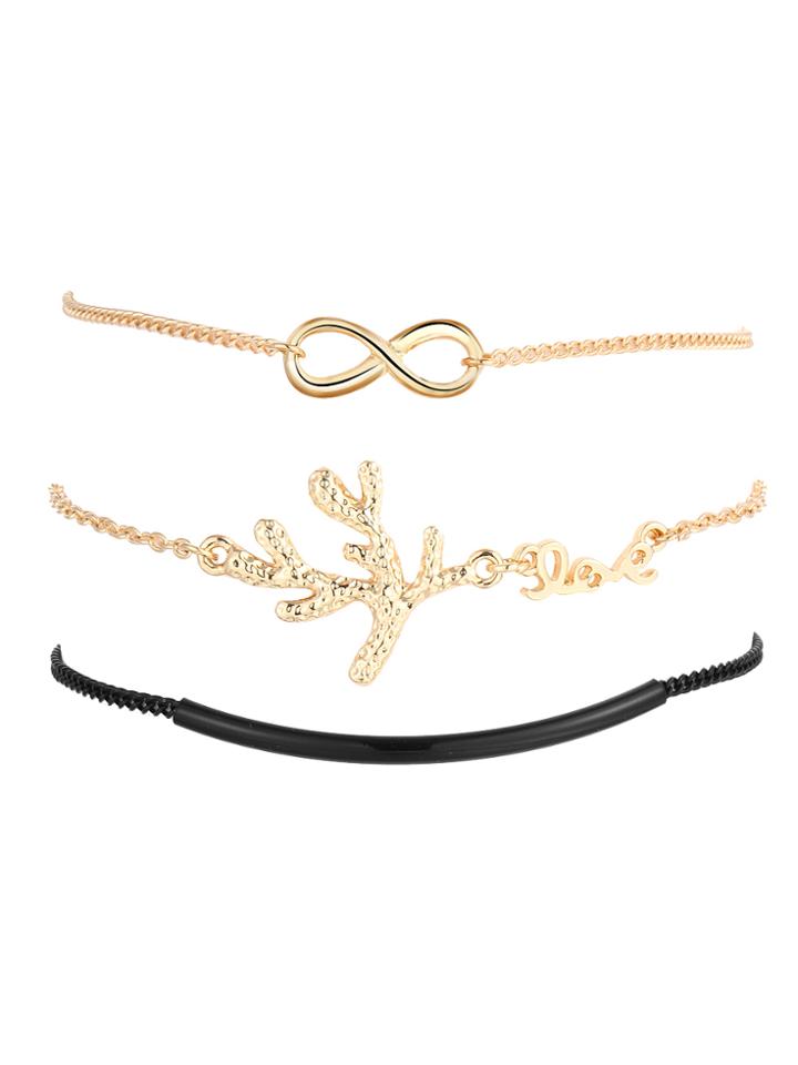 Romwe Gold And Black Letter Detail Link Bracelet Set