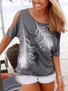 Romwe Slit Shoulder Feather Print T-shirt - Grey