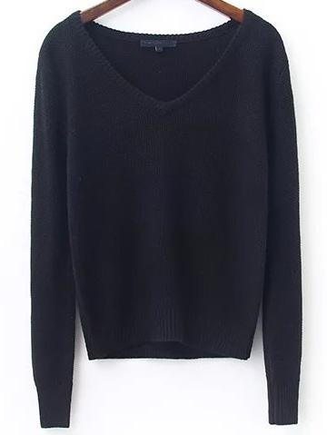 Romwe Black V Neck Ribbed Trim Knitwear