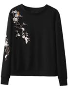 Romwe Black Plum Embroidery Casual Sweatshirt