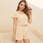Romwe Button Front Flutter Sleeve Crop Striped Top & Shorts Set
