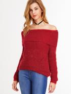 Romwe Red Off The Shoulder Foldover Sweater