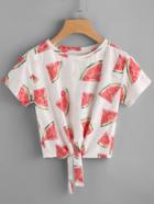 Romwe Watermelon Print Frayed Dot Detail Knot Front Tee