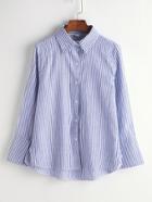 Romwe Blue Striped Slit Side High Low Shirt