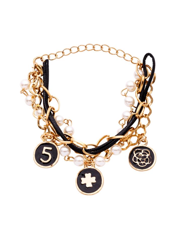 Romwe Gold Tone Layered Beaded Coin Pendant Charm Bracelet