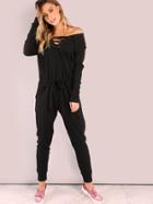Romwe Lazy Lace Up Cotton Jumpsuit Black