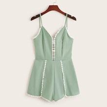 Romwe Pom Pom Trim Tie Back Cami Playsuit