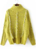 Romwe High Neck Cable Knit Dip Hem Yellow Sweater