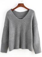 Romwe V Neck Loose Grey Sweater