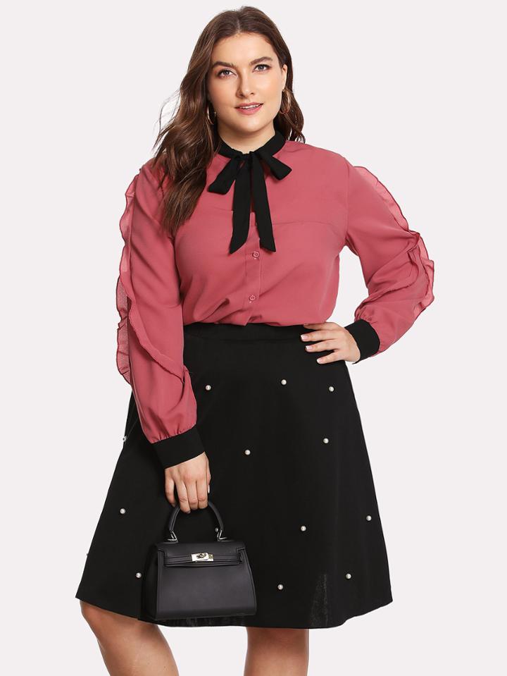 Romwe Tie Neck Frill Trim Blouse