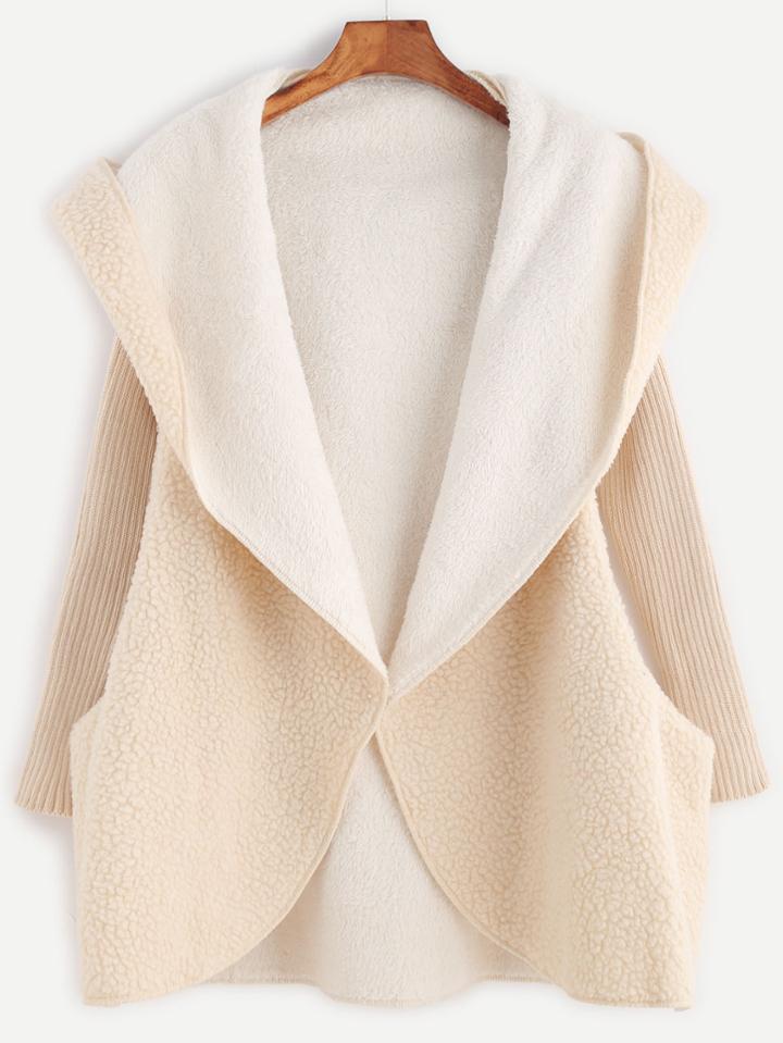 Romwe Apricot Ribbed Sleeve Hooded Sherpa Coat