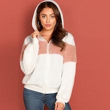 Romwe Zip Up Contrast Faux Fur Hoodie