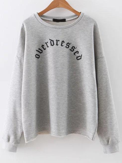 Romwe Grey Letter Print Drop Shoulder Loose Sweatshirt