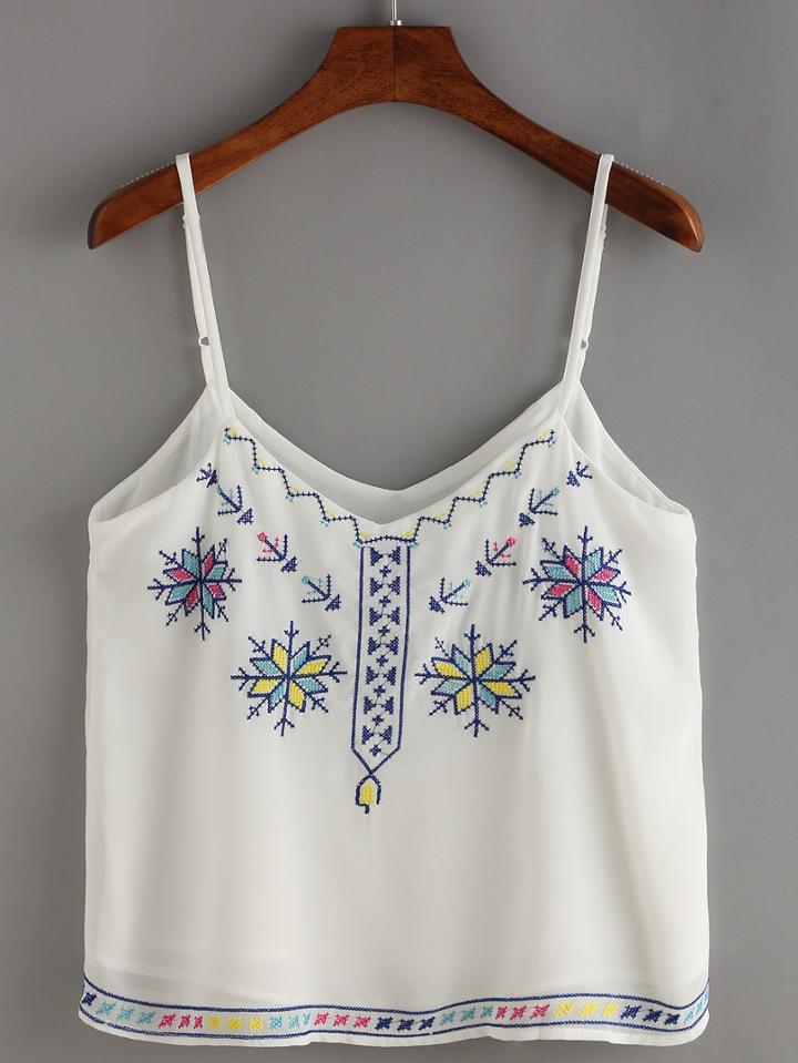 Romwe White Embroidery Spaghettic Strap Cami Top