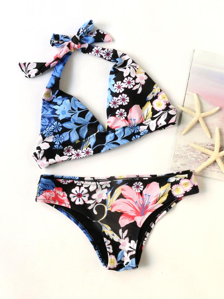 Romwe Black Floral Print Halter Bikini Set