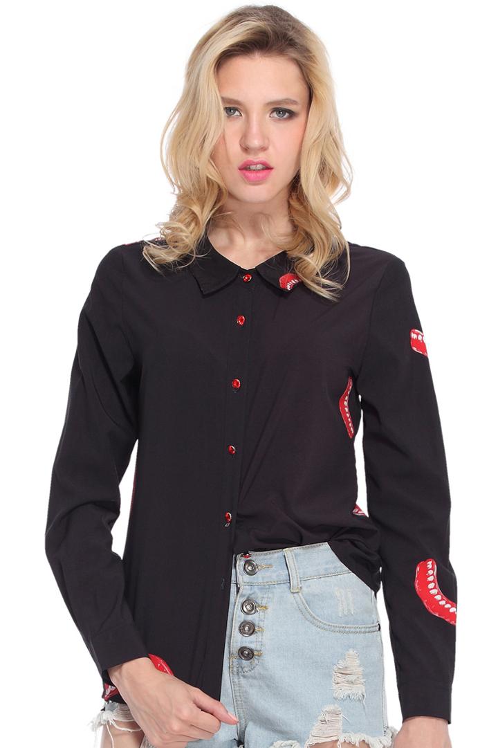 Romwe Bite Marks Print Black Shirt