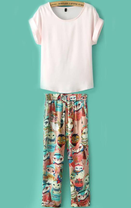 Romwe Cuffed Chiffon Top With Owl Print Pant