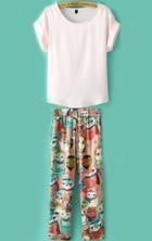 Romwe Cuffed Chiffon Top With Owl Print Pant