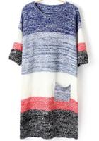 Romwe Blue Round Neck Pocket Knit Sweater