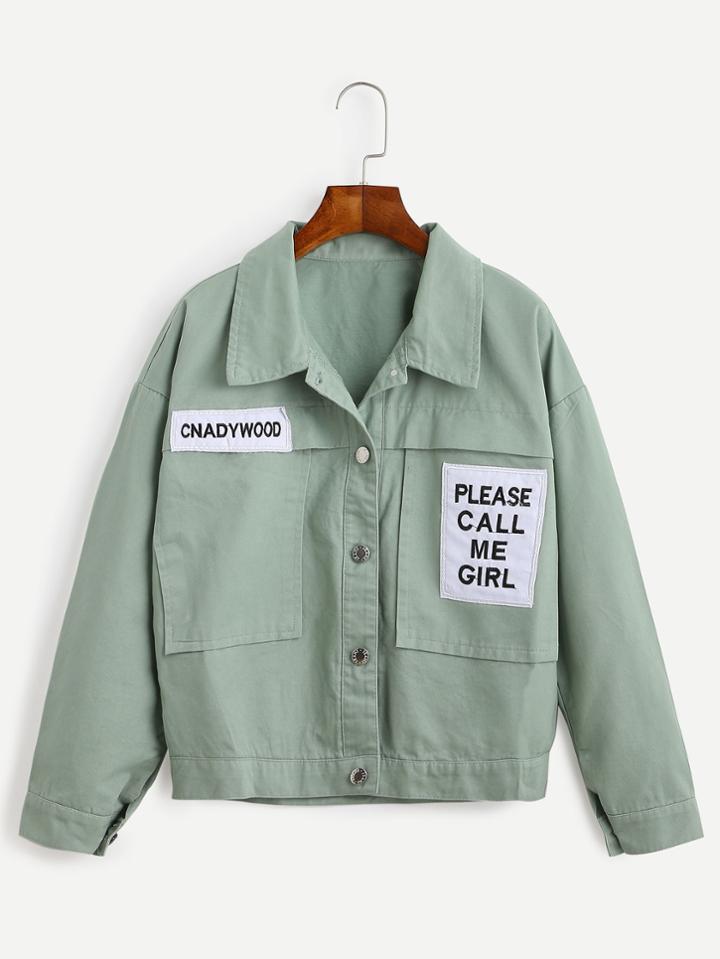 Romwe Pale Green Drop Shoulder Embroidered Patch Jacket