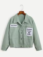 Romwe Pale Green Drop Shoulder Embroidered Patch Jacket
