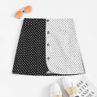 Romwe Single Breasted Color Block Polka Dot Skirt