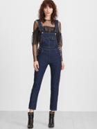 Romwe Deep Blue Strap Button Side Overall Jeans