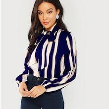 Romwe Tie Neck Striped Blouse