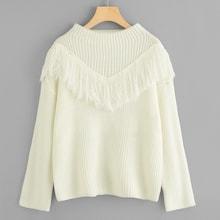 Romwe Fringe Trim Embellished Solid Jumper