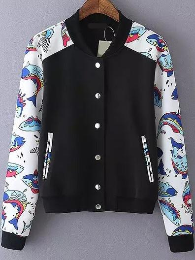 Romwe Color-block Fish Print Edge Pockets Jacket