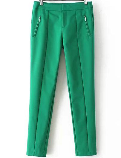 Romwe Zipper Pockets Slim Green Pant