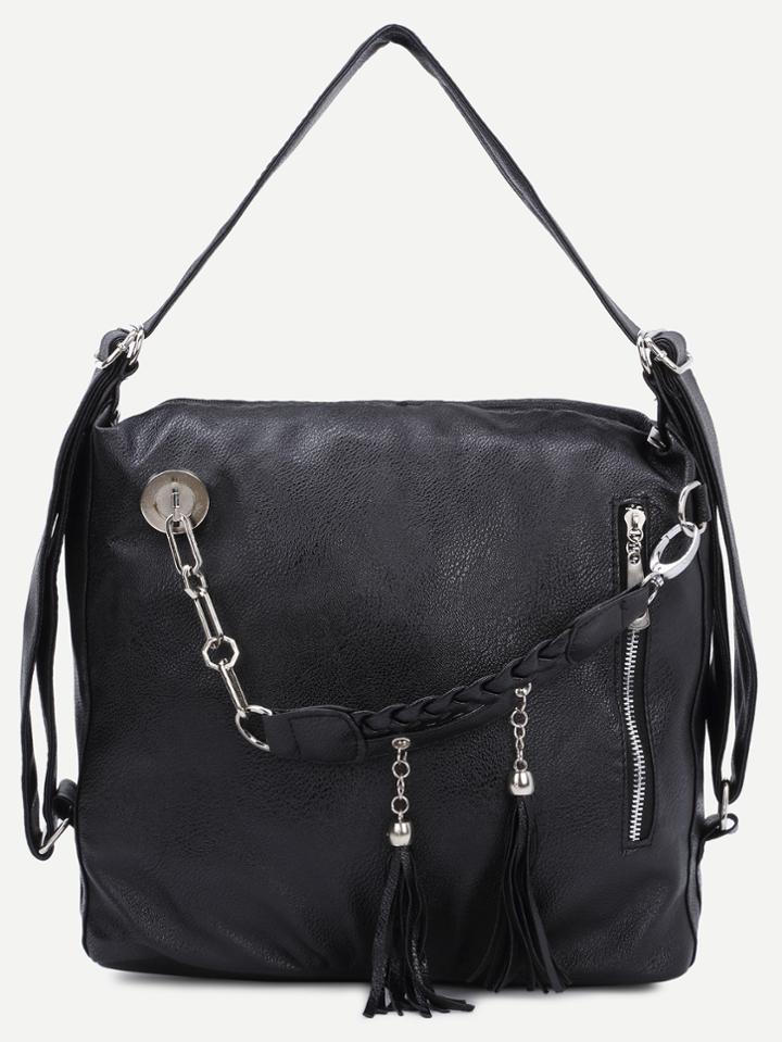 Romwe Black Faux Leather Tassel Chain Embellished Casual Bag