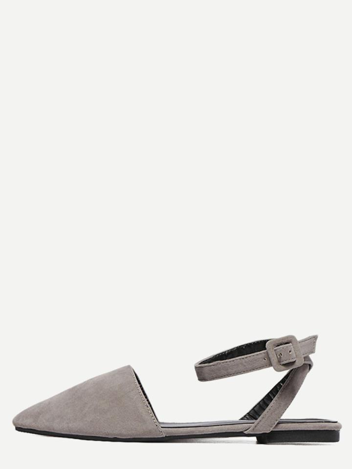 Romwe Grey Faux Suede Point Toe Ankle Strap Flat Slingbacks