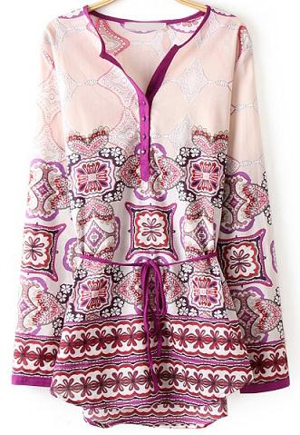 Romwe Pink V Neck Long Sleeve Floral Blouse