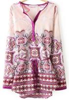 Romwe Pink V Neck Long Sleeve Floral Blouse