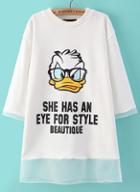 Romwe Donald Duck Print Loose White Dress