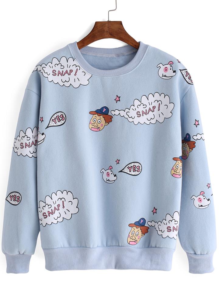 Romwe Graffiti Print Thicken Pale Blue Sweatshirt