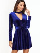Romwe Royal Blue Velvet Choker Neck Zip Back Dress With Belt