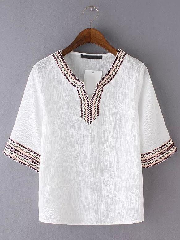 Romwe White V Neck Plait Shirt
