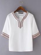 Romwe White V Neck Plait Shirt
