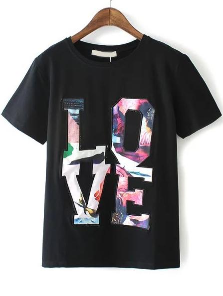Romwe Love Patch Black T-shirt